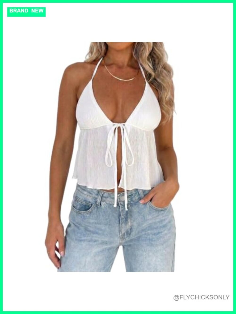 Women's Y2K Tie Front Halter Crop Top Flowy Plisse Summer Cami